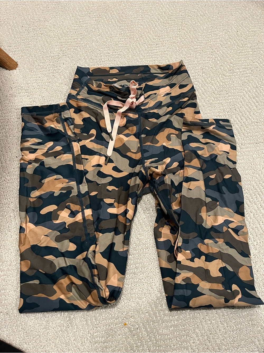 The Upside Women’s Camo Leggings in Tan, Olive & Black with Pink Drawstring